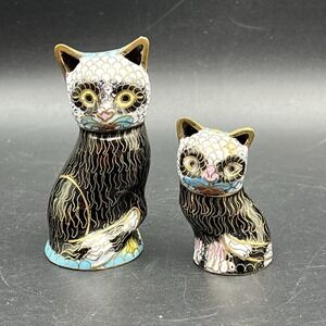 Cloisonne Kitty Cat Figurines Black & White Brass Enamel Pink Nose Set of 2